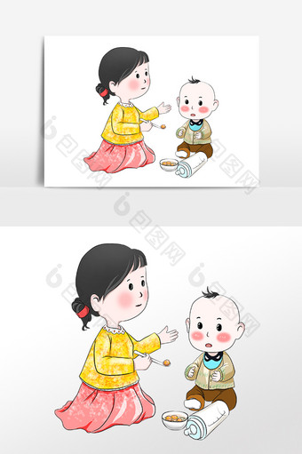 卡通妈妈喂宝宝吃饭母婴素材图片