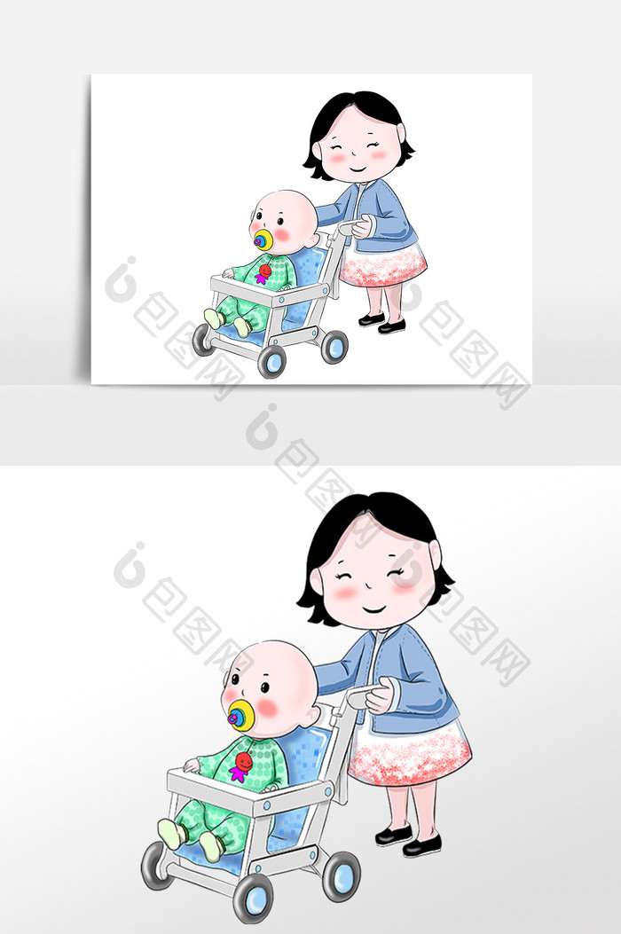 卡通妈妈推着婴儿车出行母婴素材