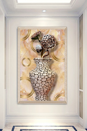 新中式大理石莲蓬木雕花瓶3D玄关装饰画
