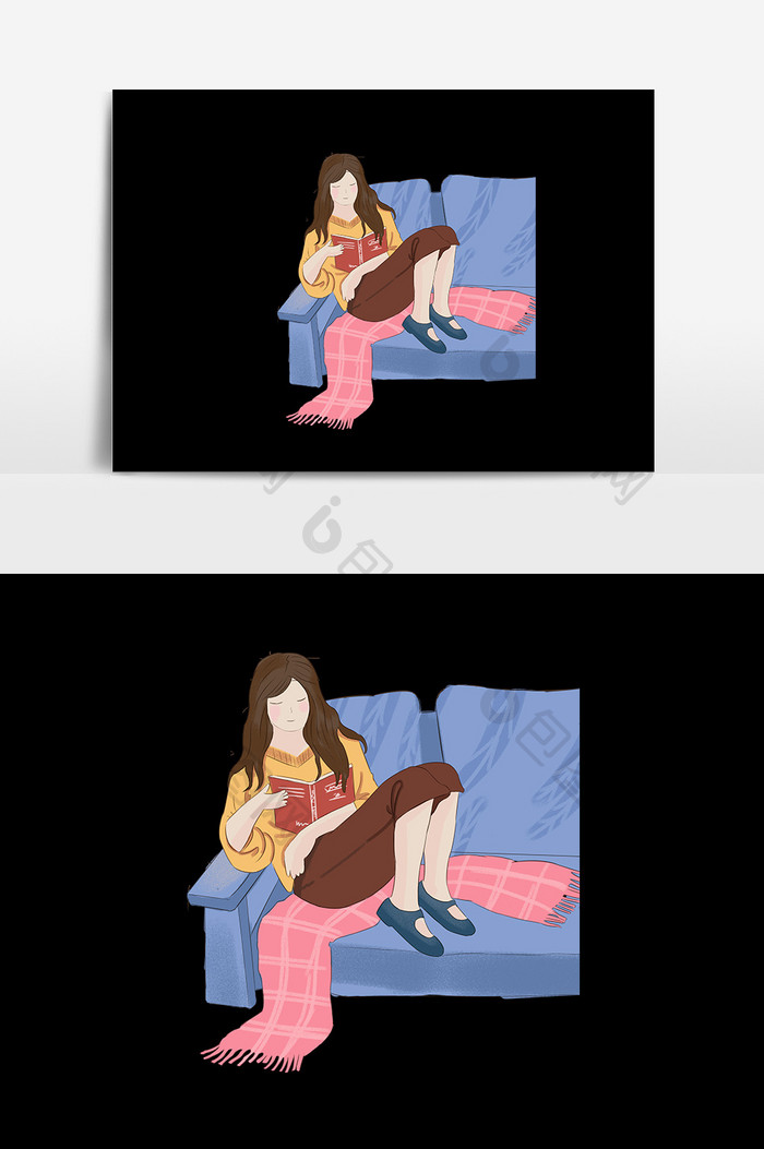 躺在沙发上看书的女孩插画
