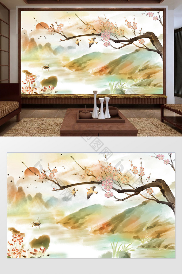 新中式清新意境树枝山水风景背景墙