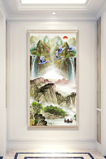 中式唯美油画山水画白鹤小船玄关装饰画图片