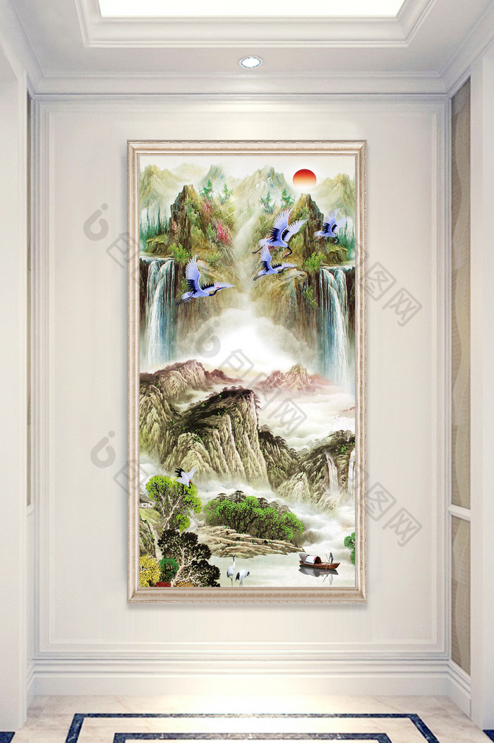 中式唯美油画山水画白鹤小船玄关装饰画