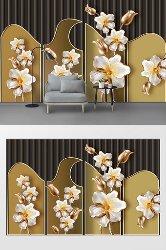 现代简约3D立体花朵黄金镜面电视背景墙图片