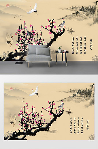 中国风梅花牡丹电视背景墙图片