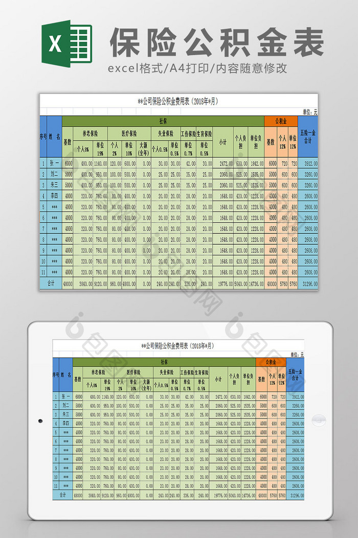 保险公积金表Excel模板