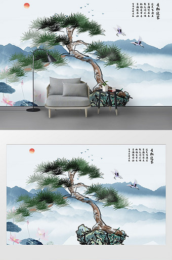 中国风水墨手绘黄山迎客松山水背景墙图片
