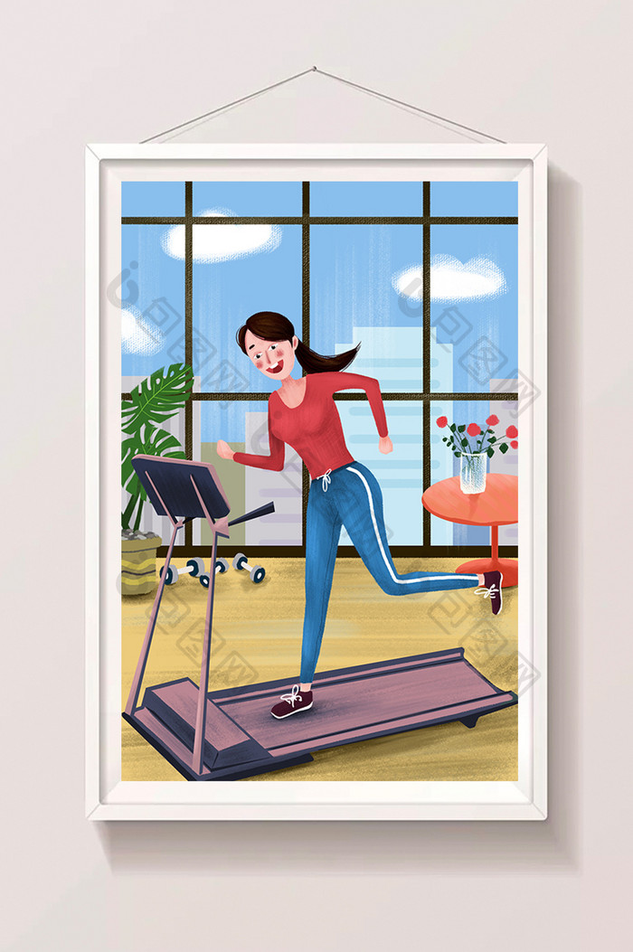 健康生活方式室内跑步机运动手绘插画海报