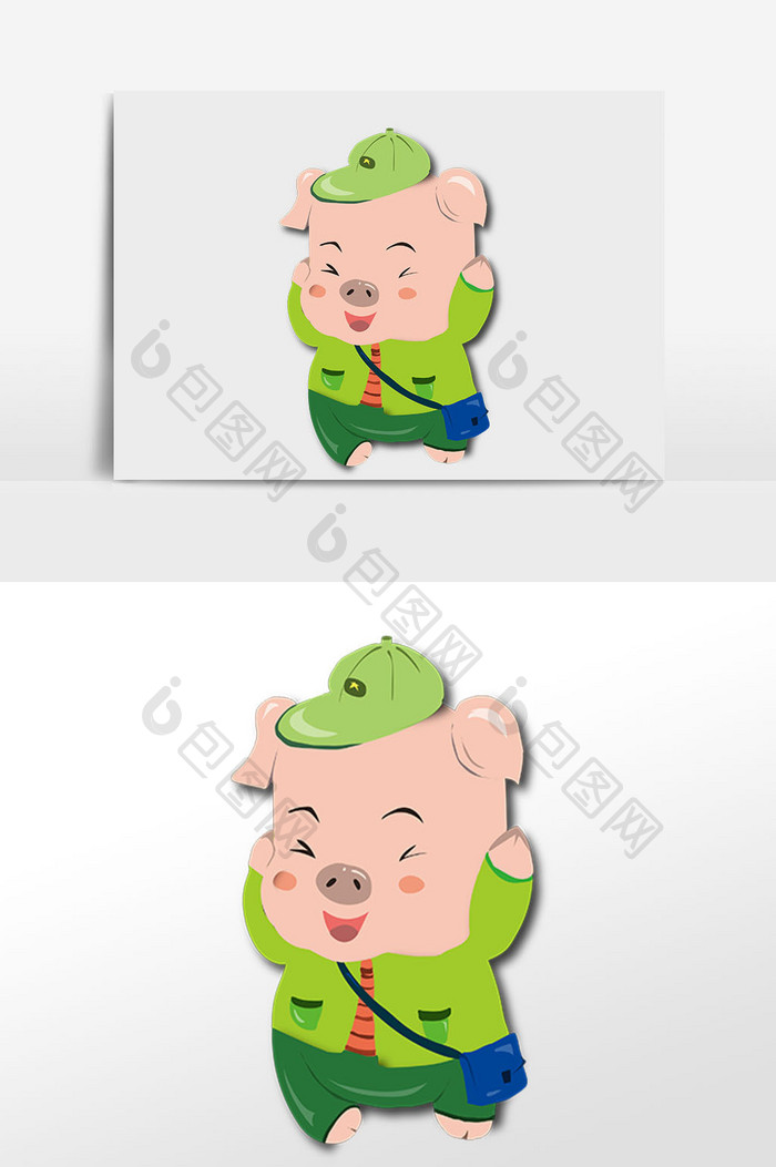 绿色小猪剪纸风卡通扁平插画