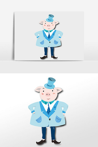 蓝色小猪剪纸风卡通扁平插画图片