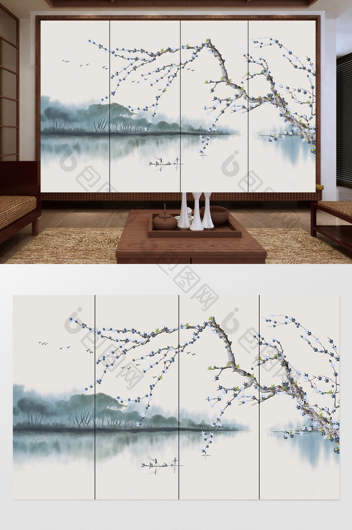 新中式抽象水墨山水背景墙卧室壁画