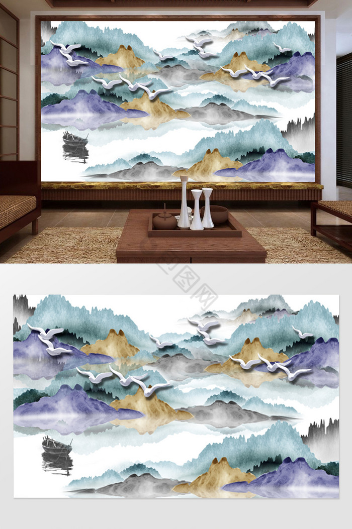 中式唯美创意山水画飞鸟小船电视背景墙图片
