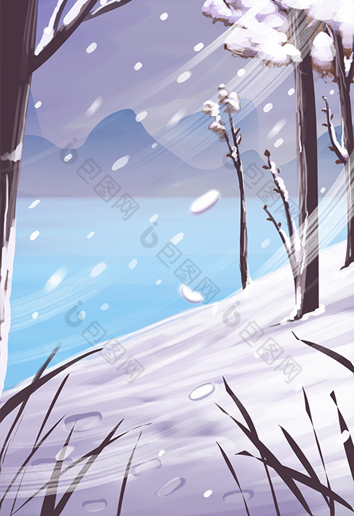 手绘雪中漂亮的美景插画背景