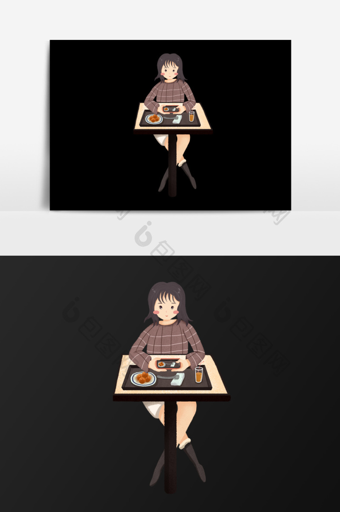 独自吃饭的女孩插画图片