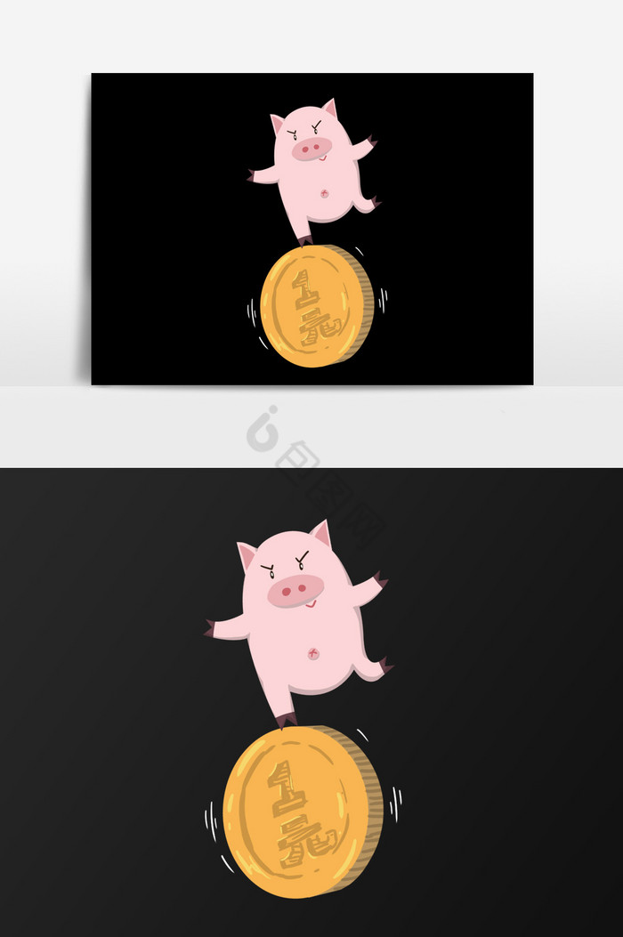 踩着金币的猪插画图片