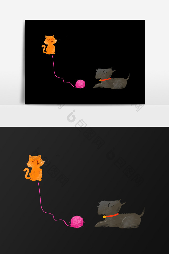 手绘玩耍的猫和狗插画元素
