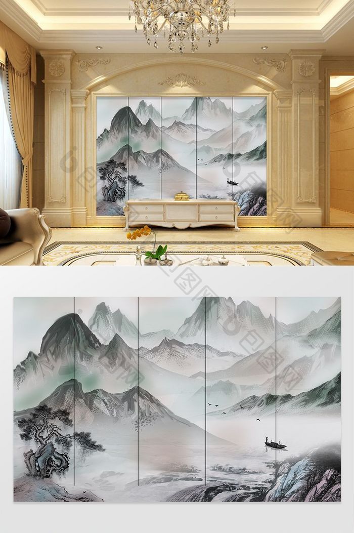 新中式山水风景画背景墙壁画