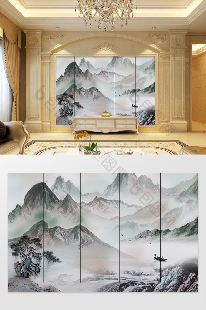 新中式山水风景画背景墙壁画效果图-【包图网】