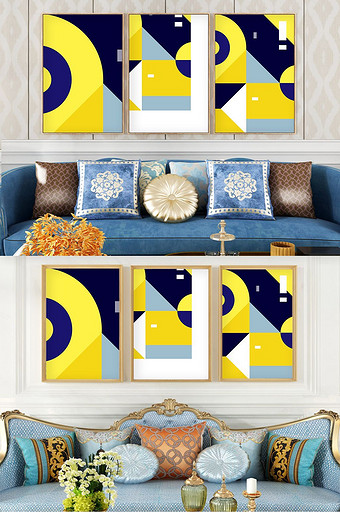 ins现代简约创意蓝色几何客厅三联装饰画图片