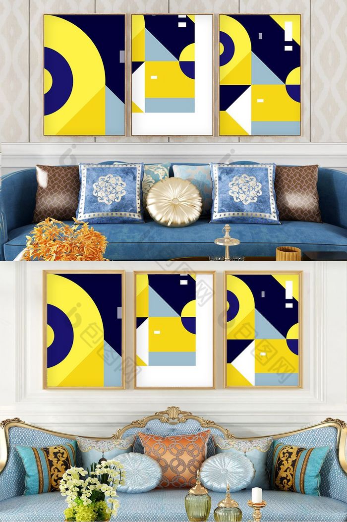 ins现代简约创意蓝色几何客厅三联装饰画图片图片