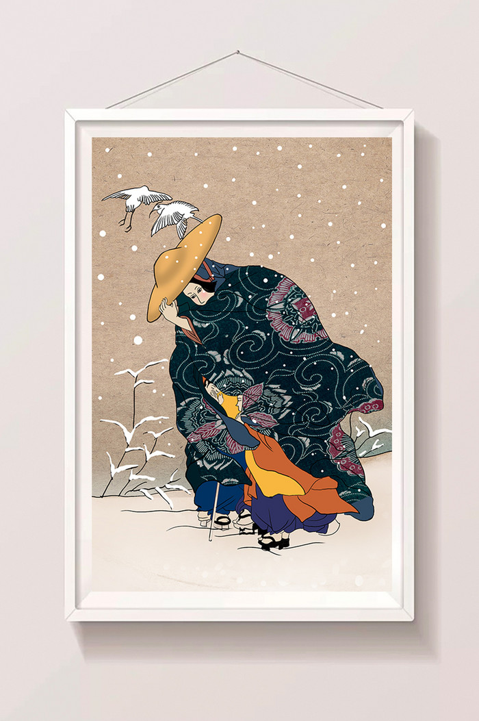 浮世绘寒冬腊月室外大雪飞母子图图片