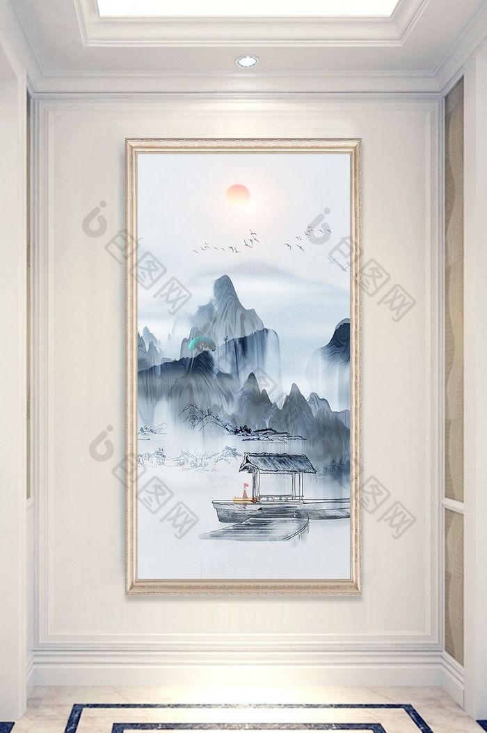 精品新中式山水挂画玄关背景