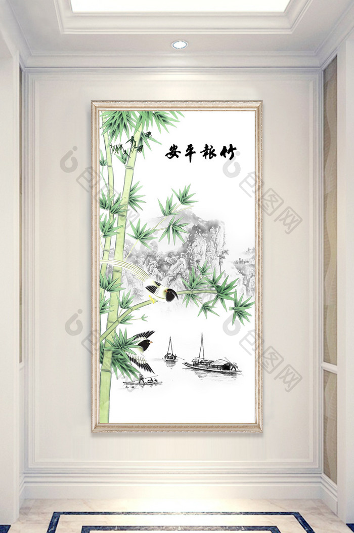 中式水墨山水工笔花鸟玄关背景墙装饰画
