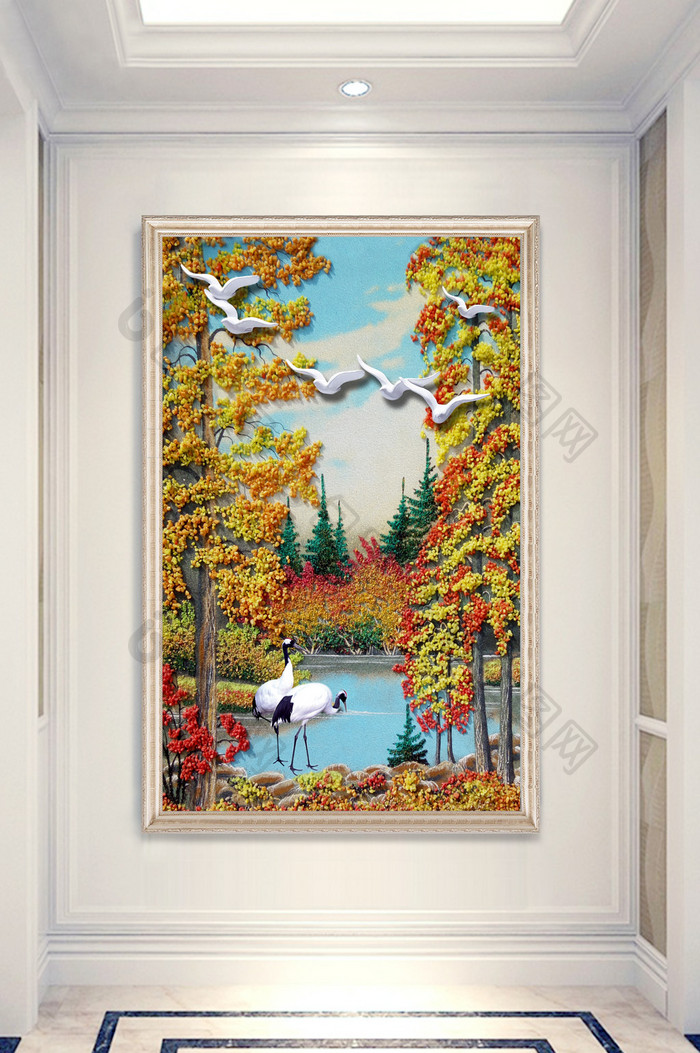 现代森林树木油画风景画飞鸟白鹤玄关装饰画