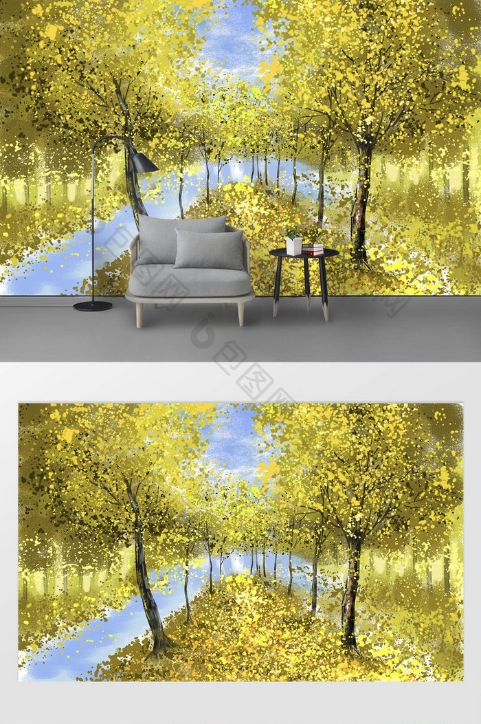 现代金色大道抽象发财树风景画背景墙
