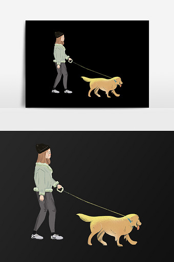 手绘遛狗的女生插画元素图片