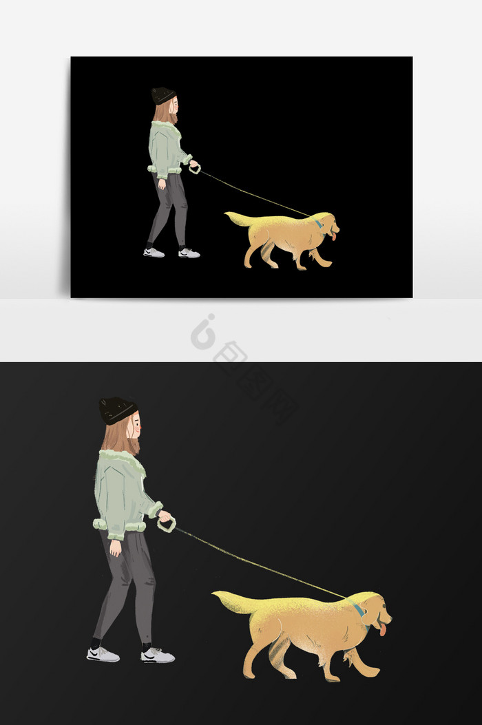 遛狗的女生插画图片