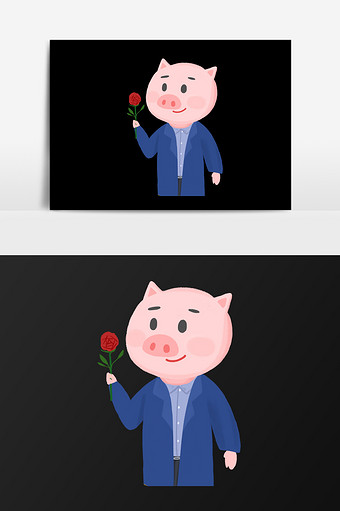 手绘拿玫瑰花的猪插画元素图片