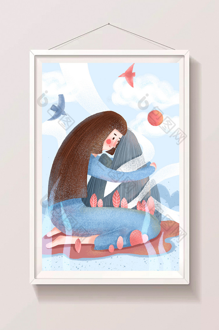 蓝色小清新女孩抱山树林山间肌理插画海报