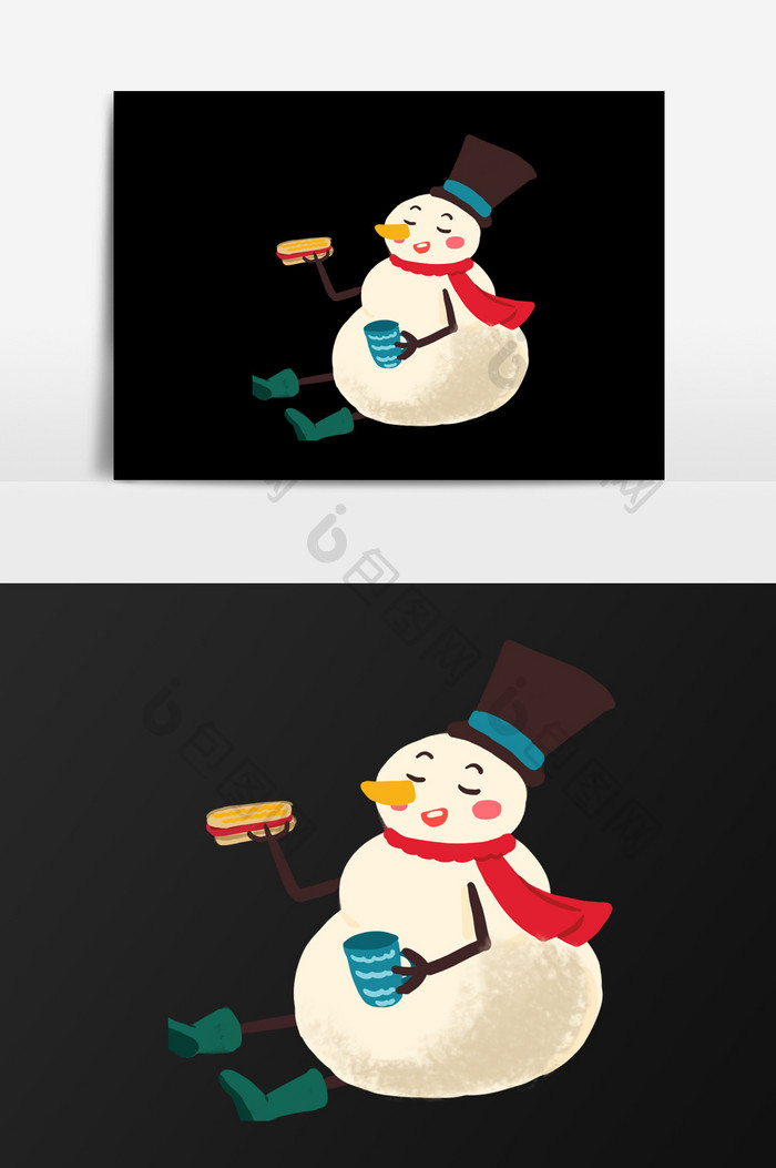 手绘吃面包的雪人插画元素