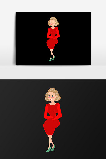 手绘红色连衣裙的女人插画元素图片