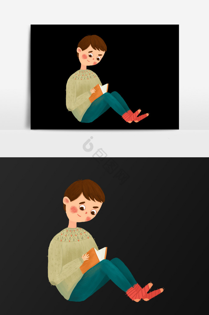 坐着看书的男孩插画图片