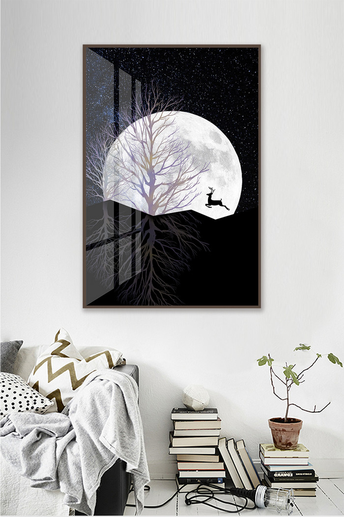 月光下的麋鹿和大树装饰画图片