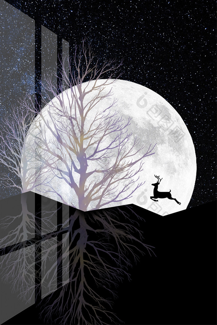 月光下的麋鹿和大树装饰画