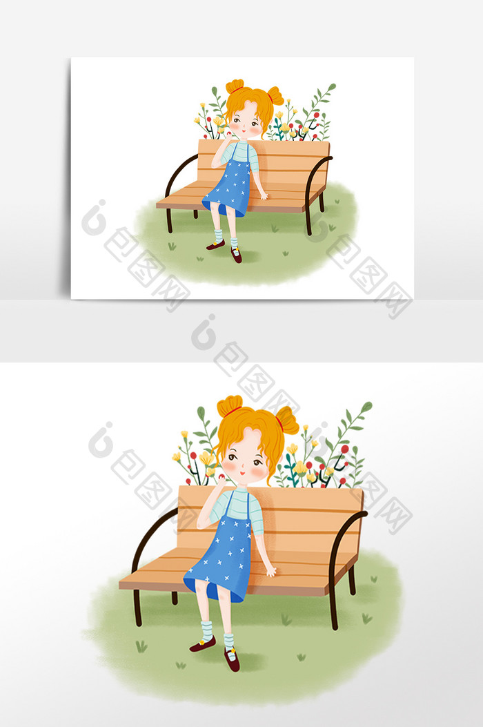手绘春季坐在长椅上小女孩素材