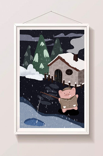 蓝色冬季可爱小猪冬天钓鱼垂钓插画图片