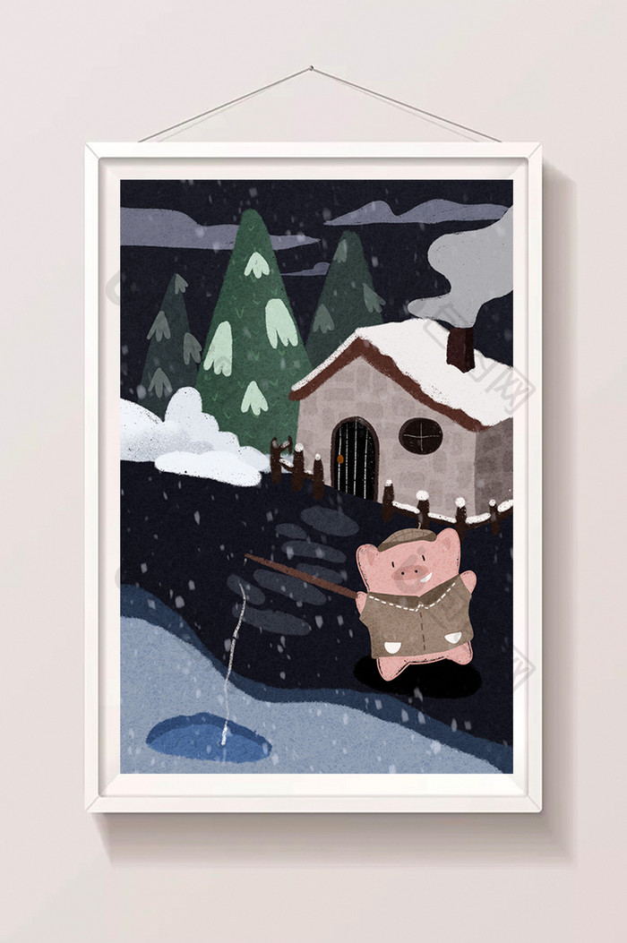 蓝色冬季可爱小猪冬天钓鱼垂钓插画