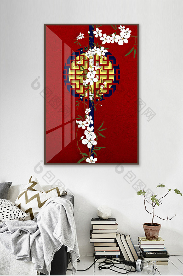中国红色圆窗兰花风景装饰画图片图片