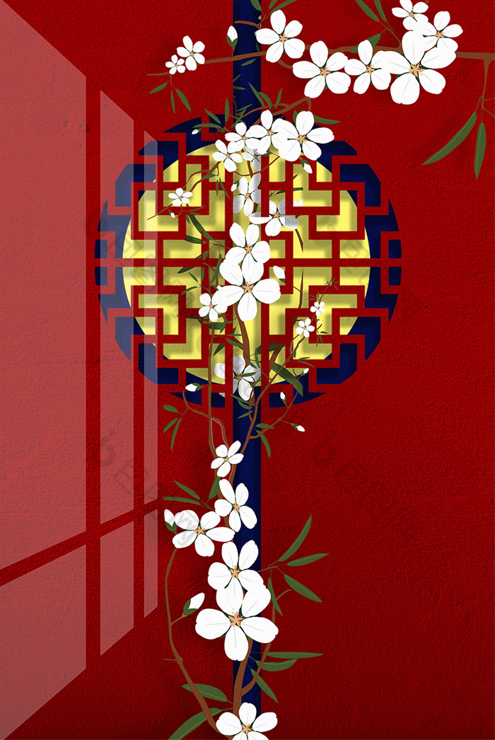 中国红色圆窗兰花风景装饰画