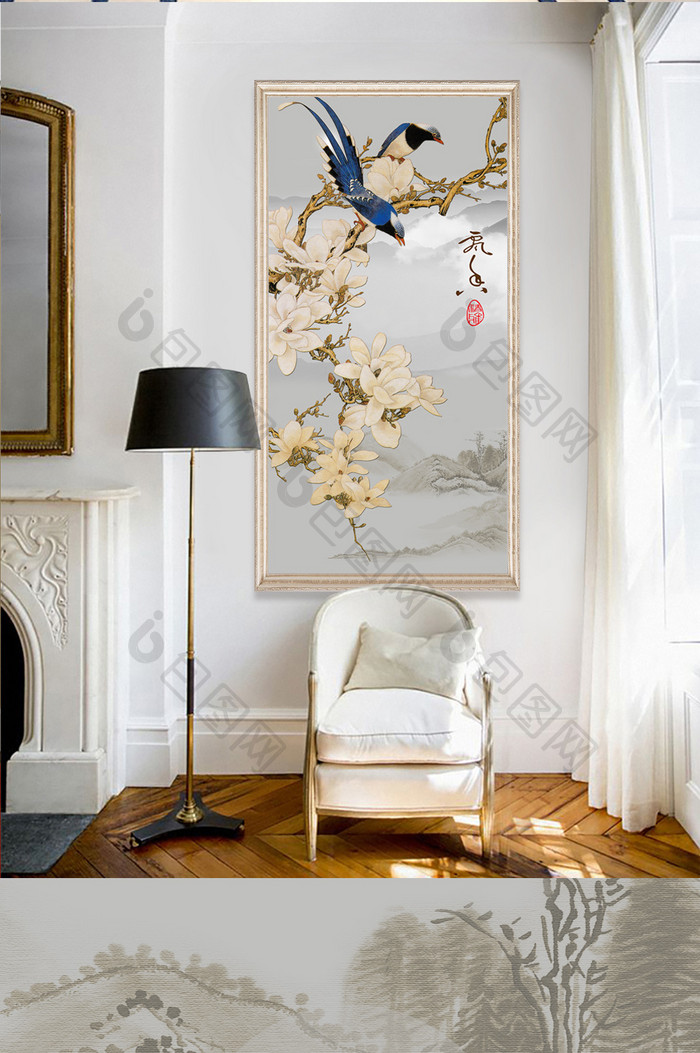 新中式山水花鸟玄关装饰画