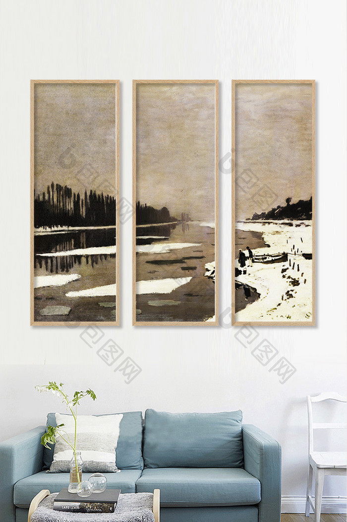 北欧油画风格风景深色湖面树木湖边装饰画