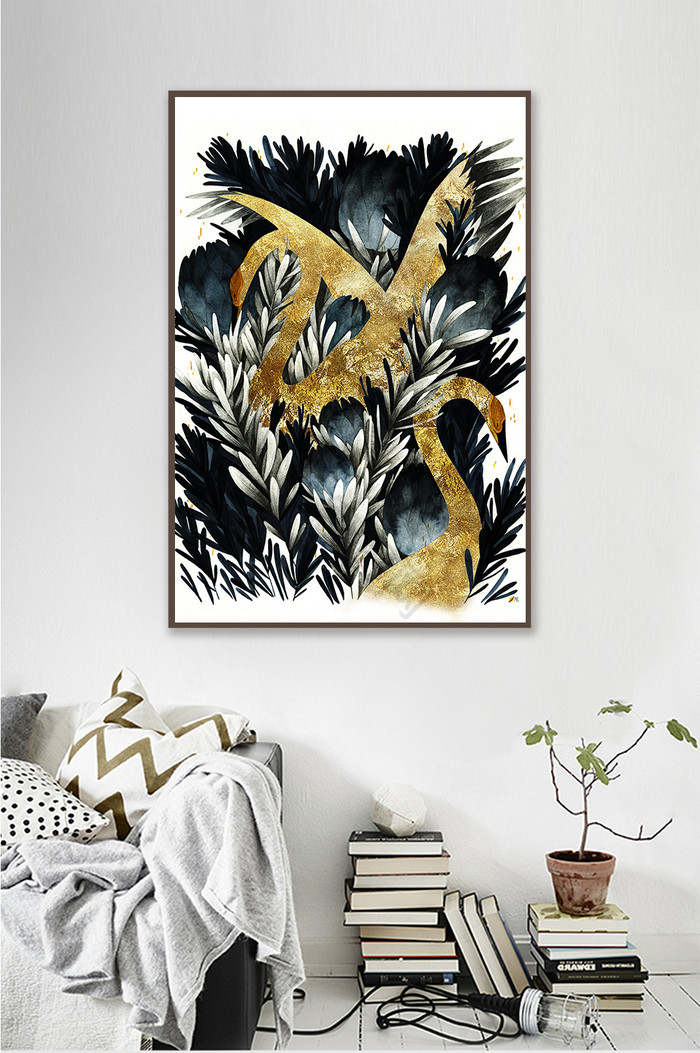 北欧棕榈鸟类火烈鸟金箔装饰画素材背景墙图片