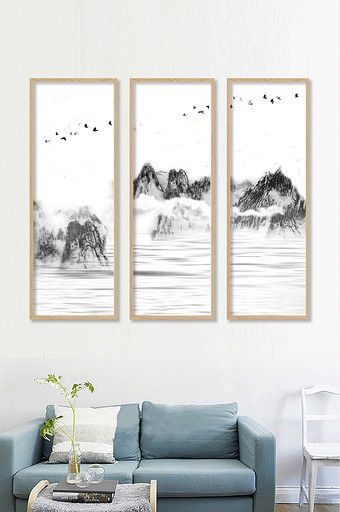 新中式黑白山水飞鸟意境简约装饰画素材图片