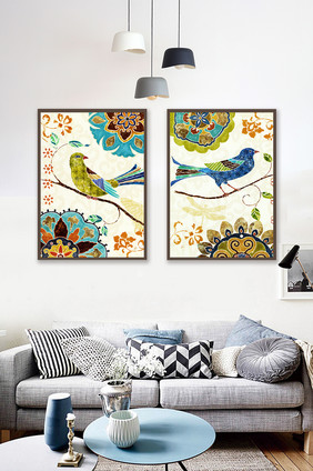 新中式花色鸟类彩色花朵艺术装饰画背景墙