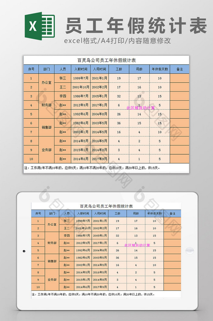 员工年假统计表 Excel模板下载 包图网