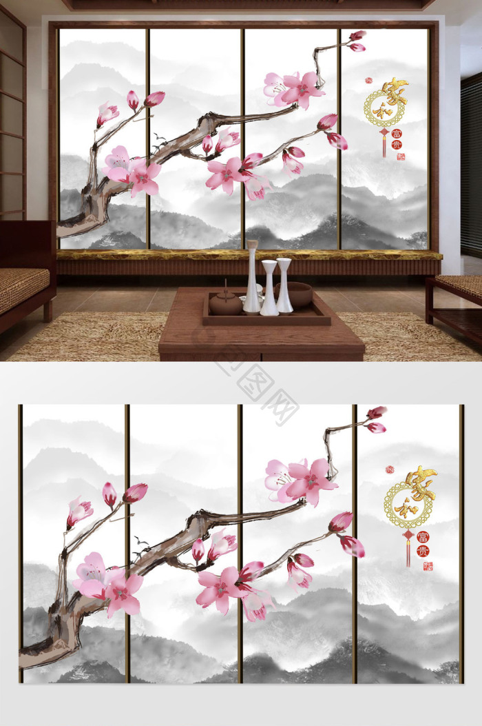 新中式手绘花鸟电视背景墙